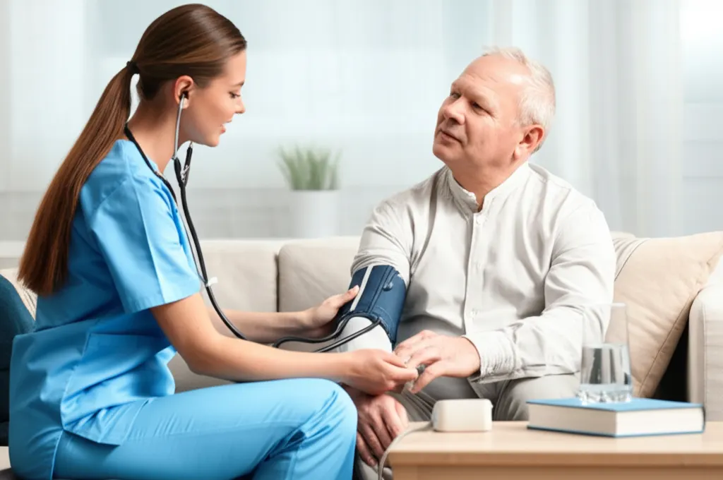 A JoyfulHands nurse checking in on a client at home